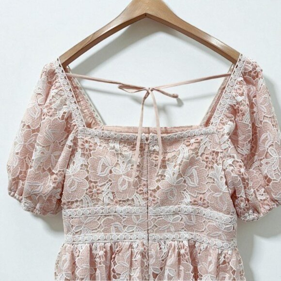 NWT Arose Studio Leah Puff Sleeve Square Neck Floral Lace Mini Dress Pink - Picture 5 of 6